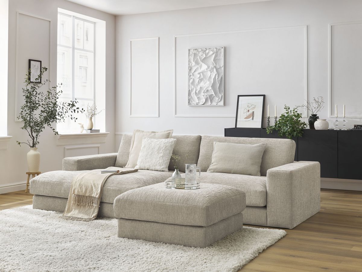 Bobochic Leonard Ecksofa mit Pouf 274 × 159 cm Strukturstoff Beige Ecke links