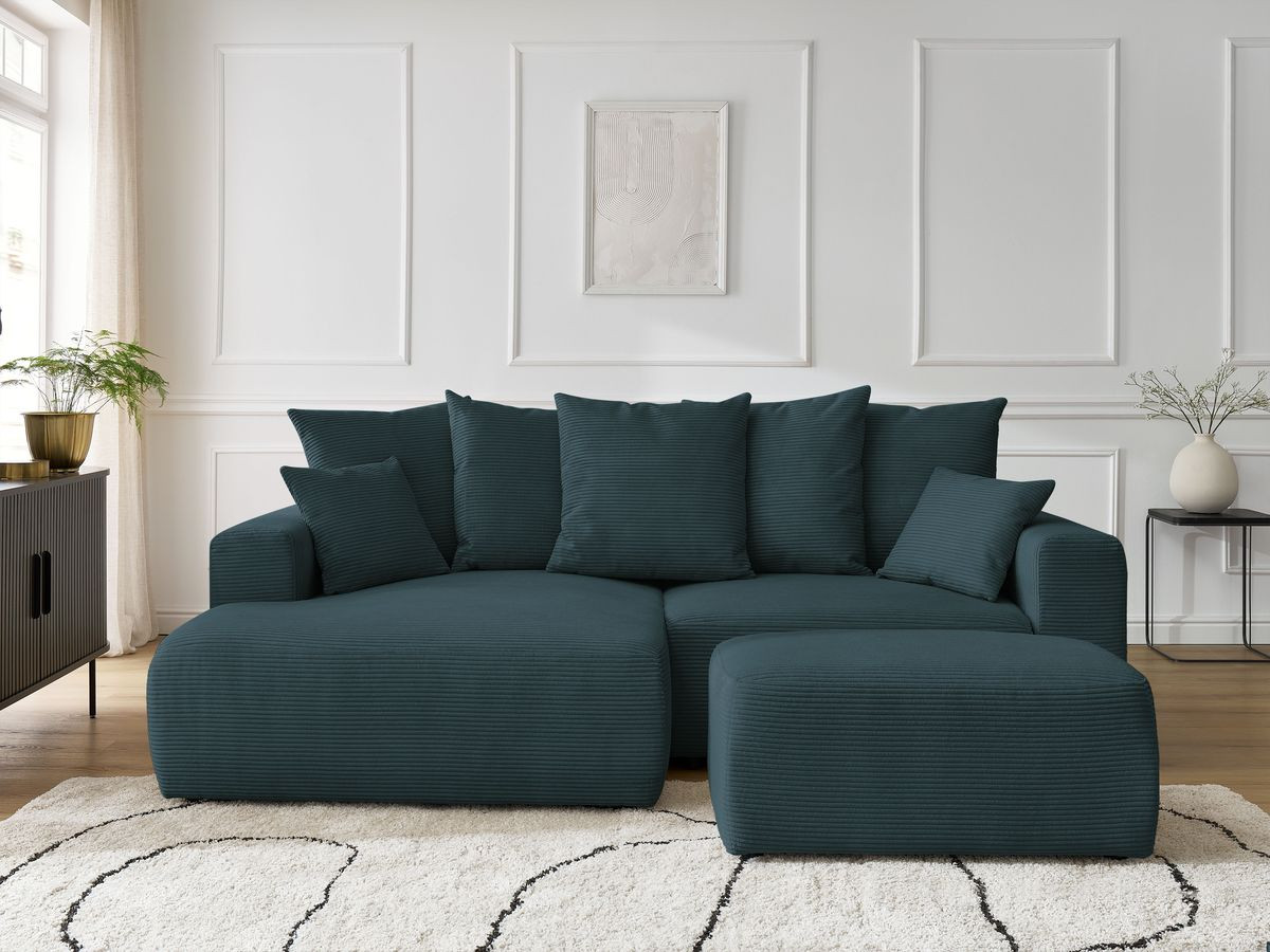 Bobochic Atilla Ecksofa mit Schlaffunktion und Bettkasten und Pouf Cordsamt Dunkelblau Ecke links