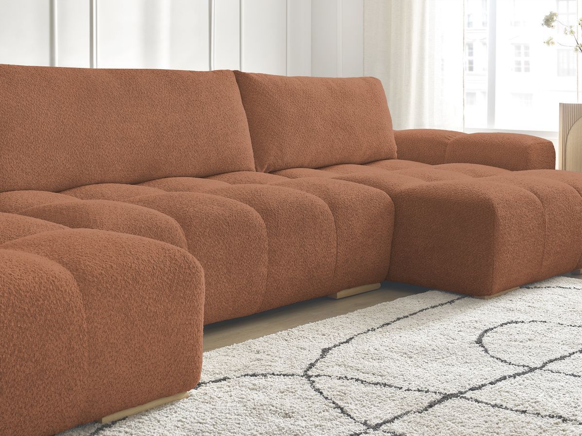 Bobochic Anakin Wohnlandschaft, Liegefläche 137 × 382 cm, 3 Kissen Bouclé-Stoff Orange