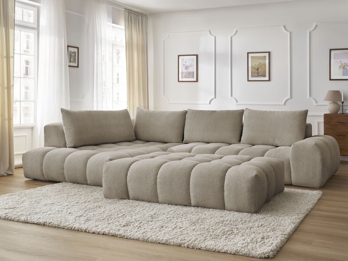 Bobochic Everest Ecksofa mit Schlaffunktion und Pouf, 4 Kissen Melange-Stoff Taupe Ecke links