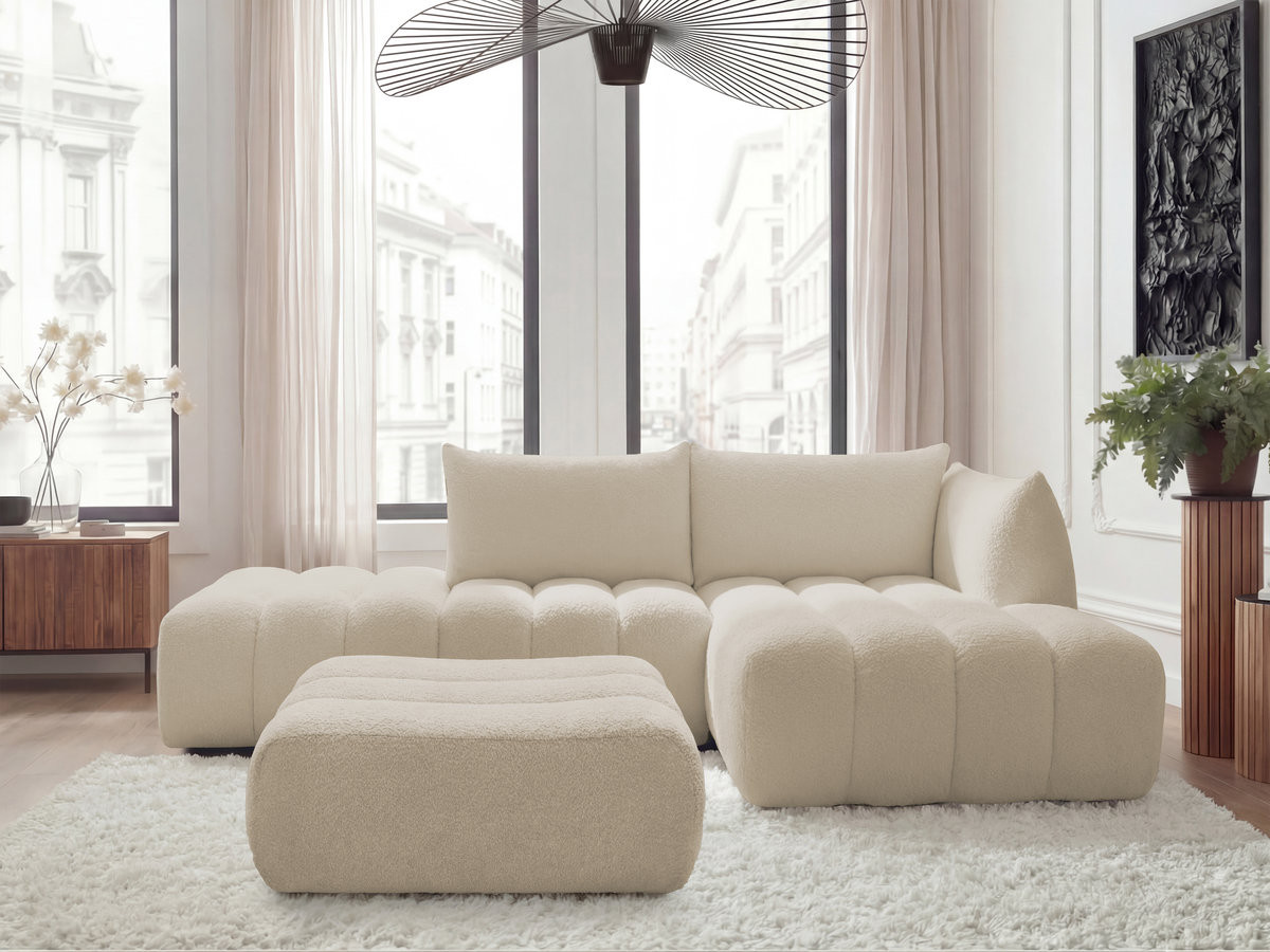 Bobochic Azra Ecksofa mit Pouf 319 × 178 cm Bouclé-Stoff Beige Ecke rechts