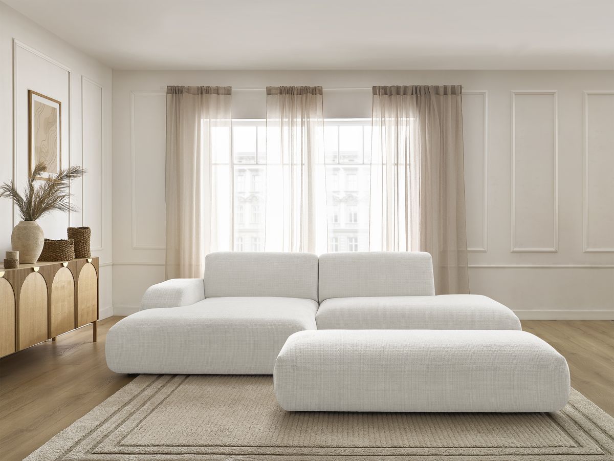 Bobochic Sirius Ecksofa mit Pouf 300 × 170 cm Strukturstoff Weiß Ecke links