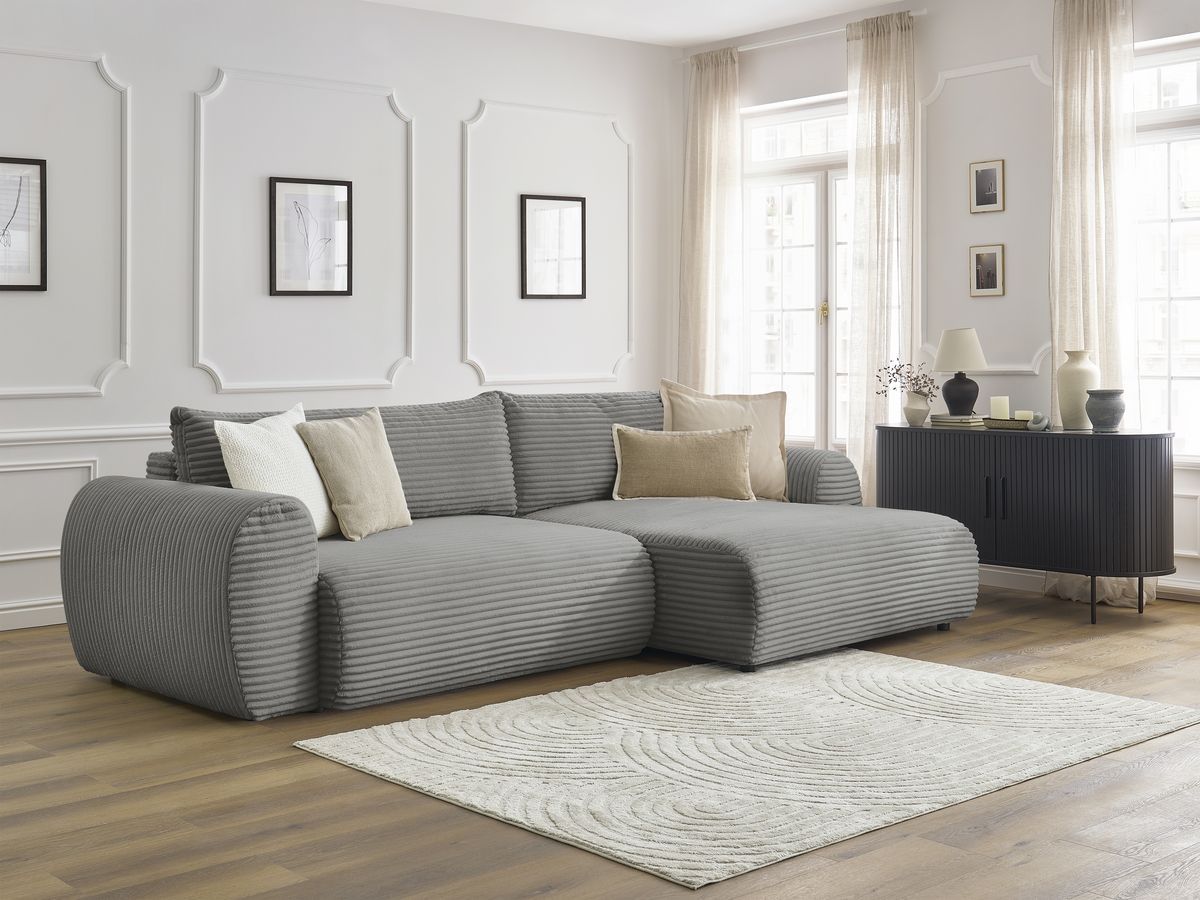 Bobochic Lucien Ecksofa mit Schlaffunktion und Bettkasten 314 × 167 cm Breitcord weich Dunkelgrau Ecke rechts