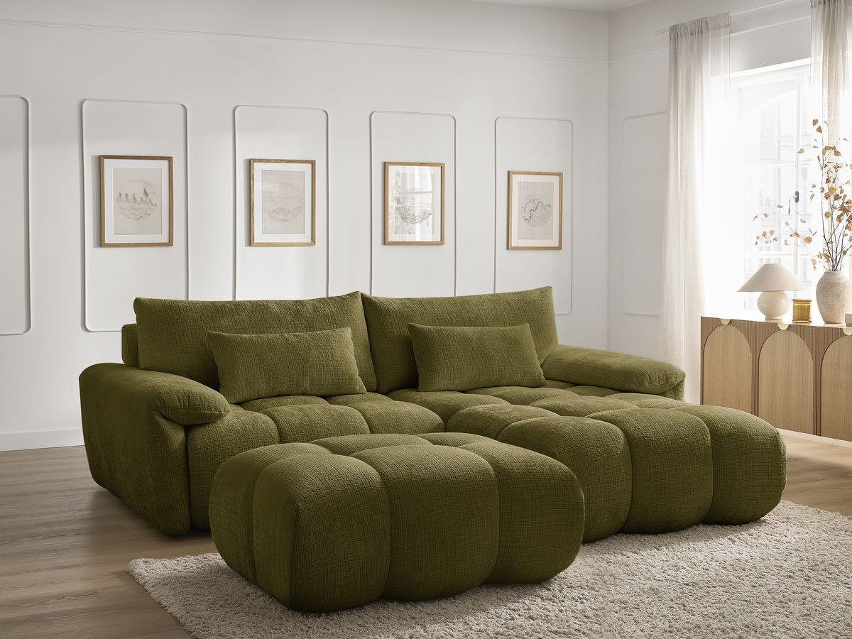 Bobochic Ivane Ecksofa mit Pouf Strukturstoff Grün Ecke rechts