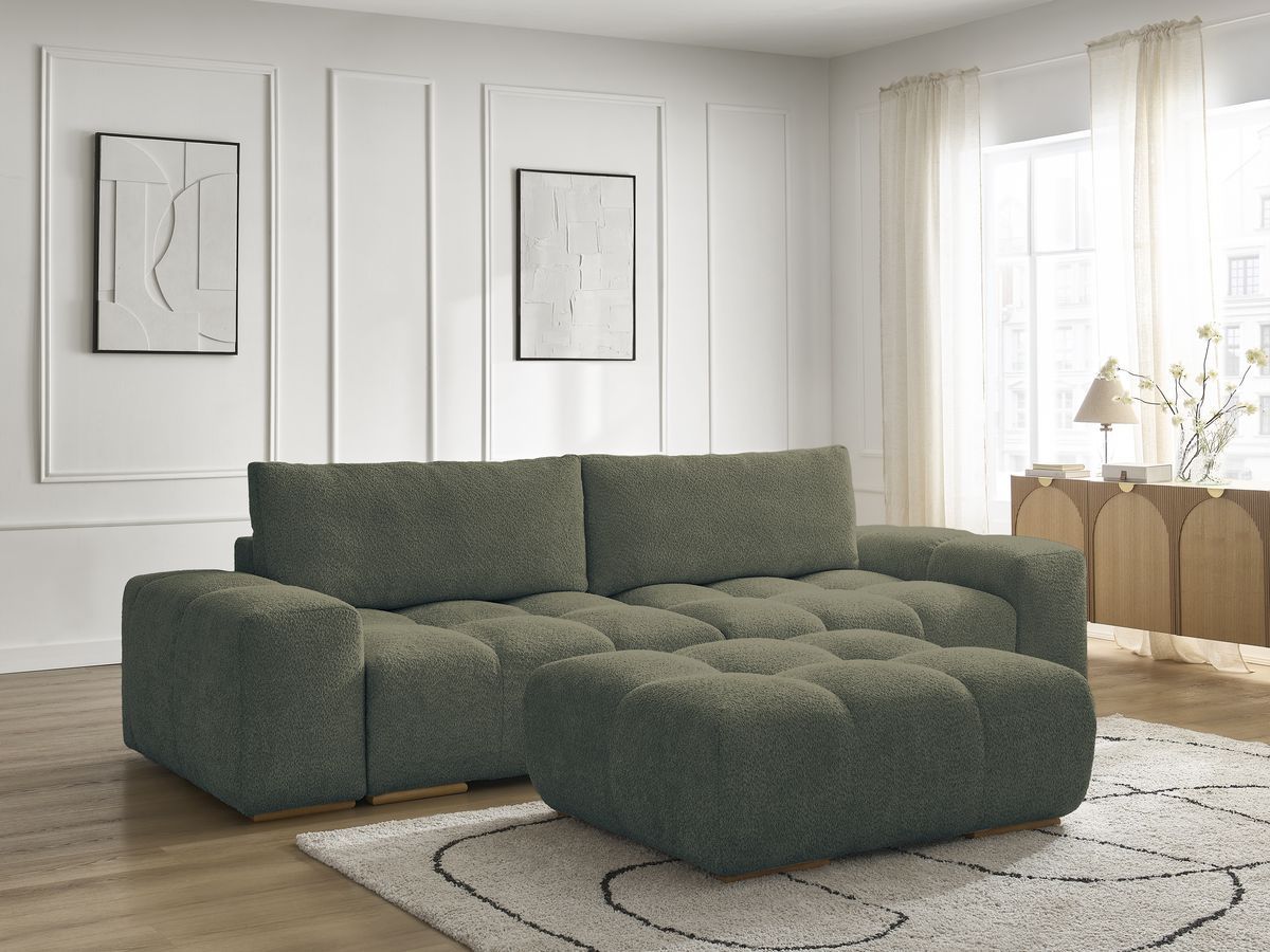Bobochic Anakin Schlafsofa 3-Sitzer mit Bettkasten und Pouf, 2 Kissen Bouclé-Stoff Grün
