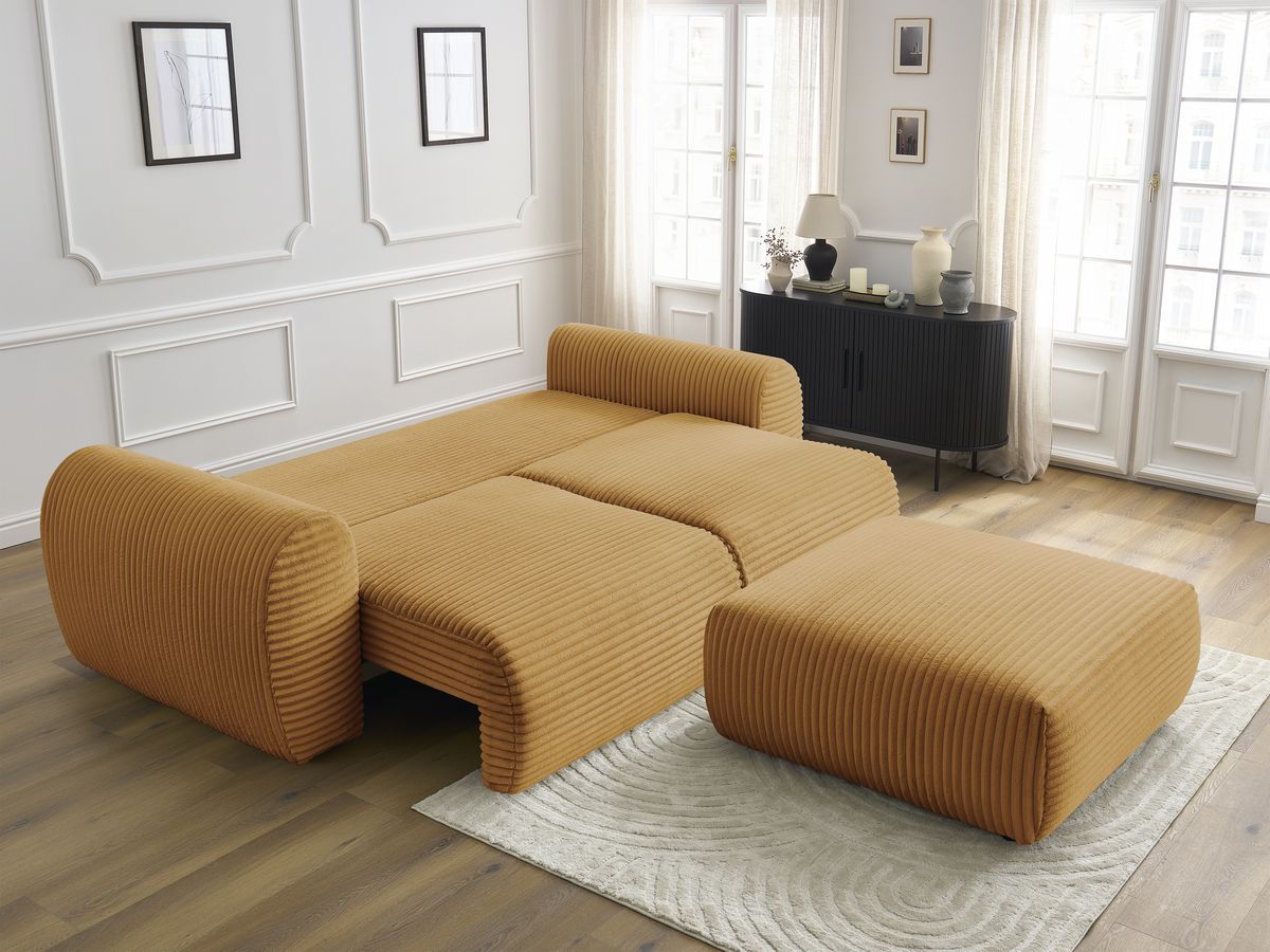 Bobochic Lucien Schlafsofa 4-Sitzer mit Bettkasten und Pouf Breitcord weich Gelb