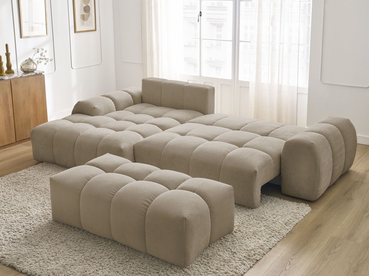 Bobochic Everest Ecksofa mit Schlaffunktion und Bettkasten und Pouf 318 × 180 cm, 7 Kissen Strukturstoff Taupe Ecke links