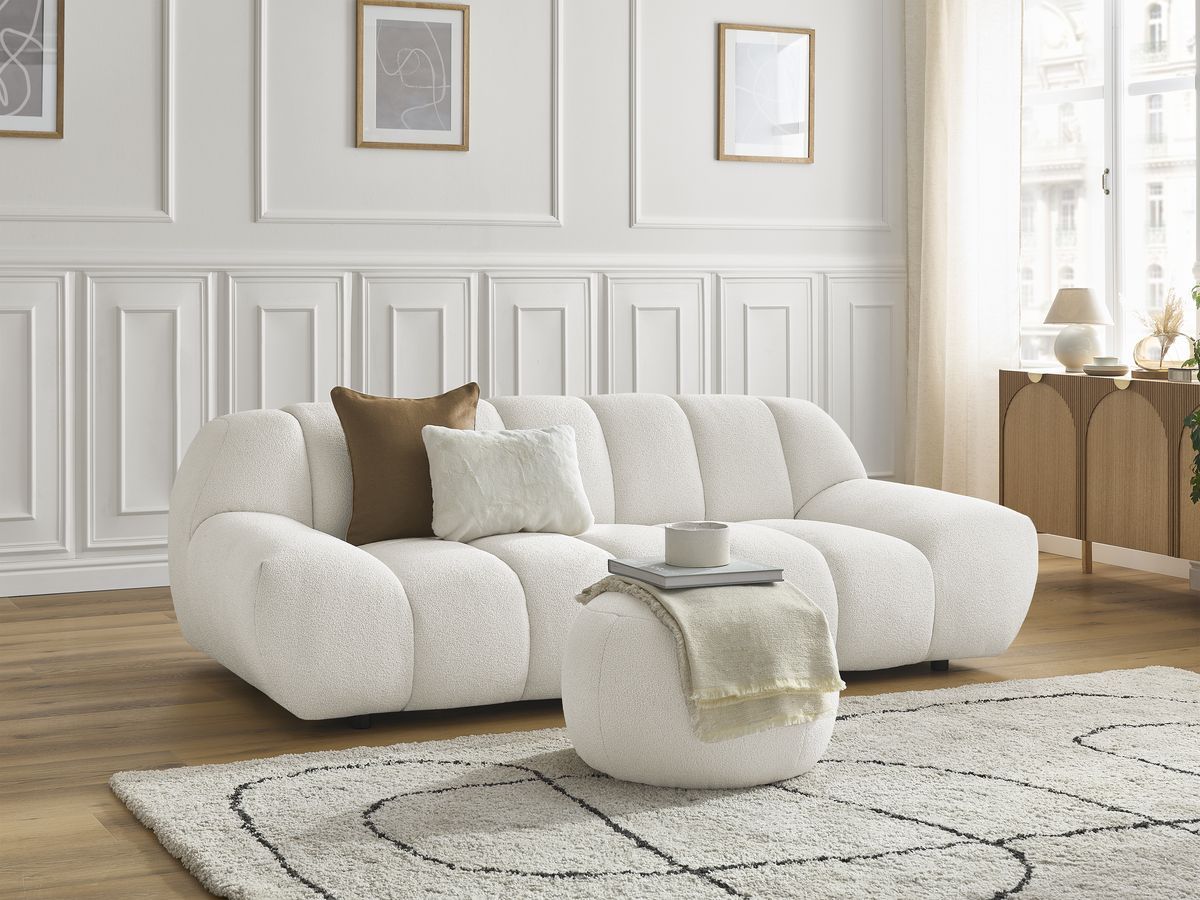 Bobochic Hayden Sofa 3-Sitzer mit Pouf 226 × 107 cm Bouclé-Stoff Weiß