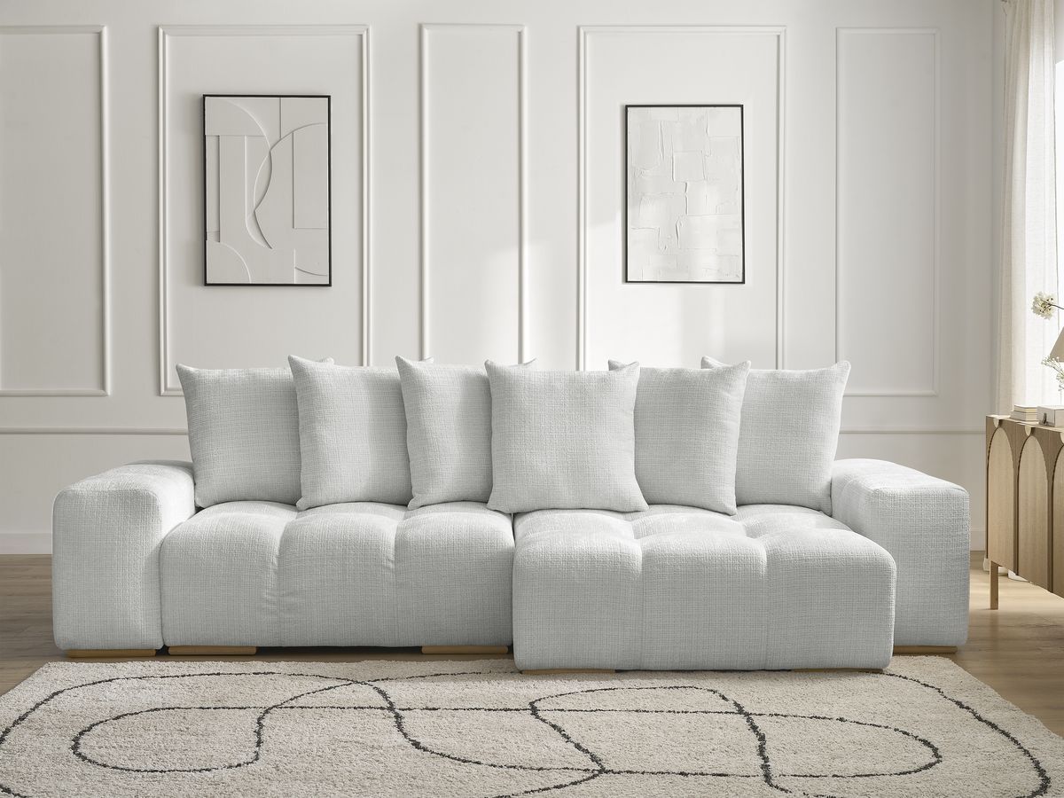 Bobochic Anakin Ecksofa mit Schlaffunktion und Bettkasten, 6 Kissen Strukturstoff Hellgrau