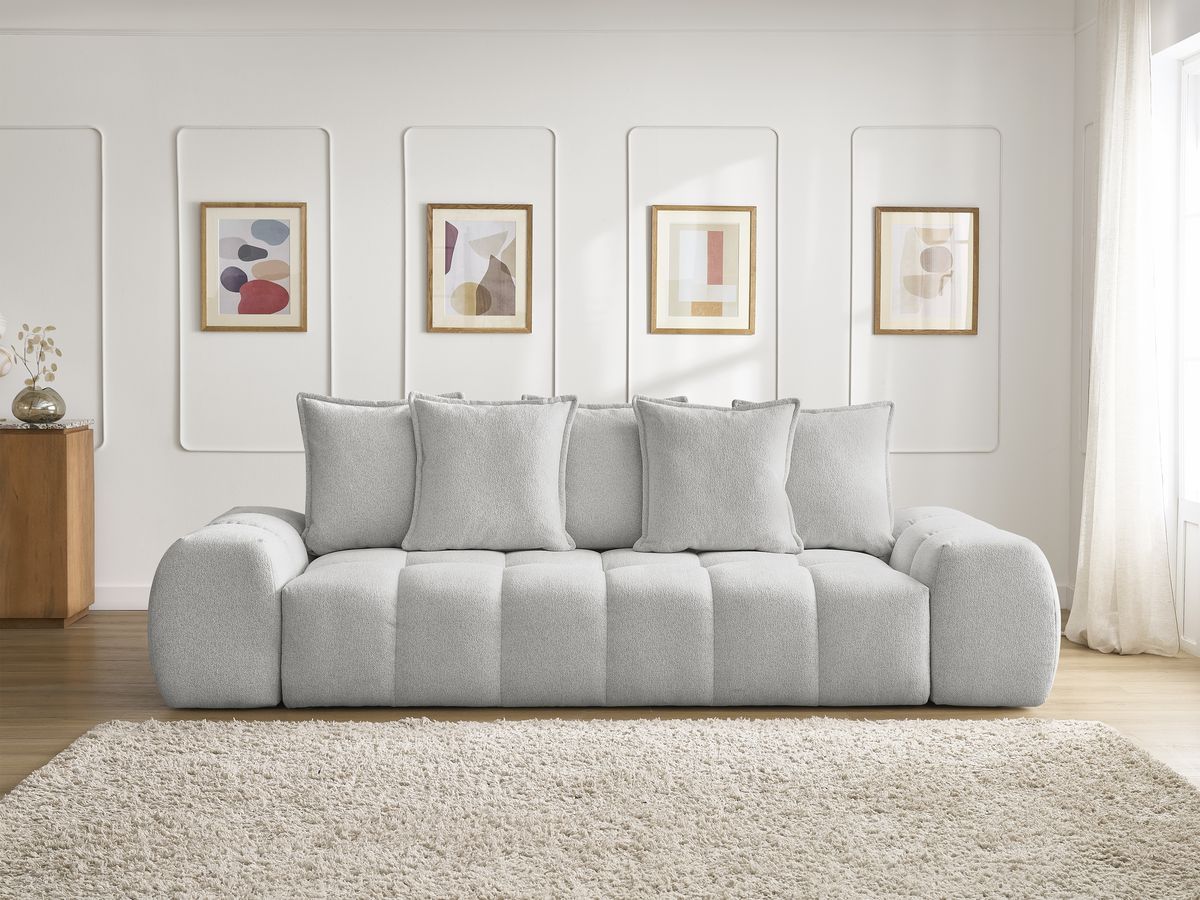 Bobochic Everest Schlafsofa 3-Sitzer mit Bettkasten, 5 Kissen Melange-Stoff Hellgrau
