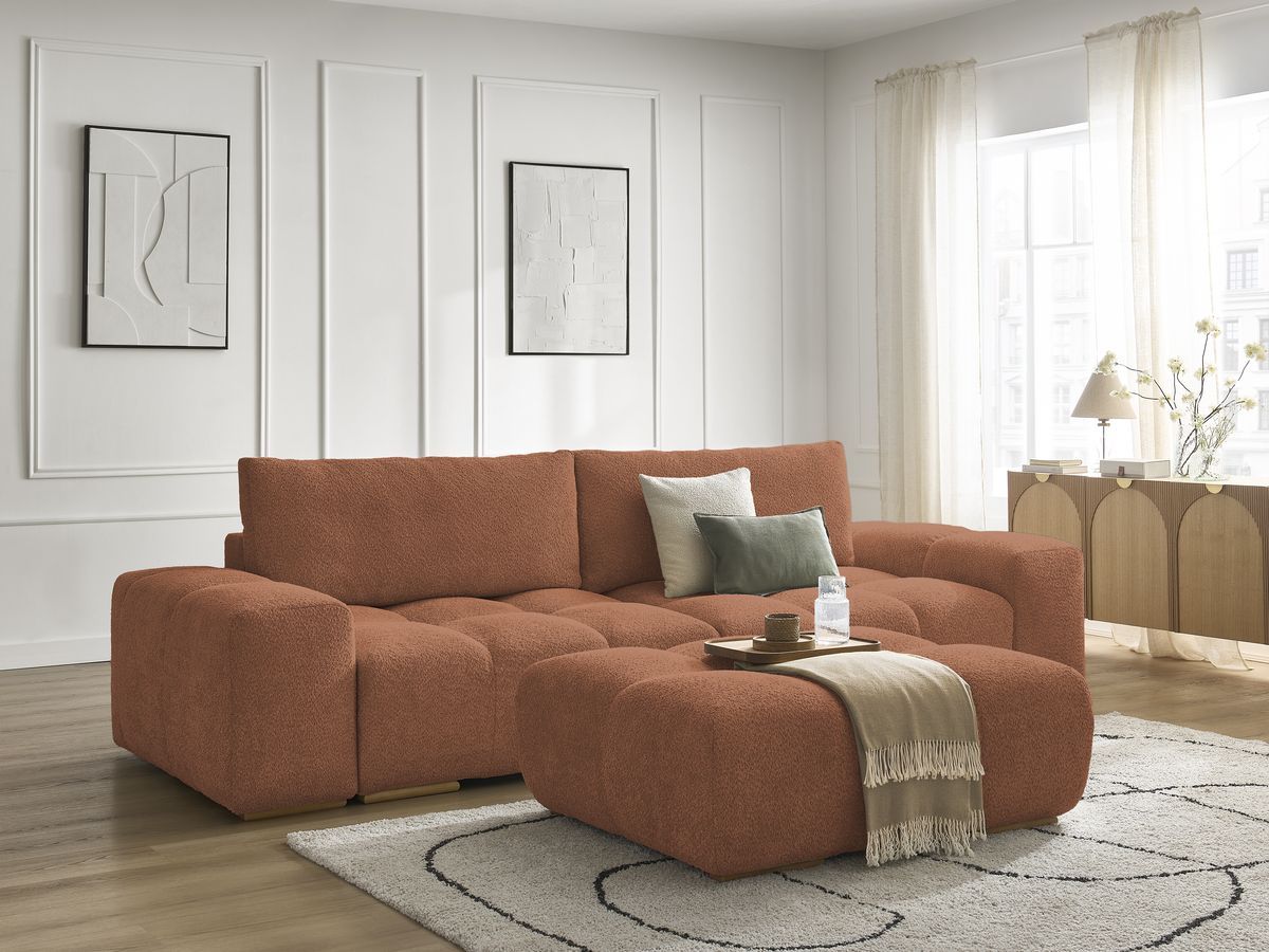 Bobochic Anakin Sofa 3-Sitzer mit Pouf, 2 Kissen Bouclé-Stoff Orange