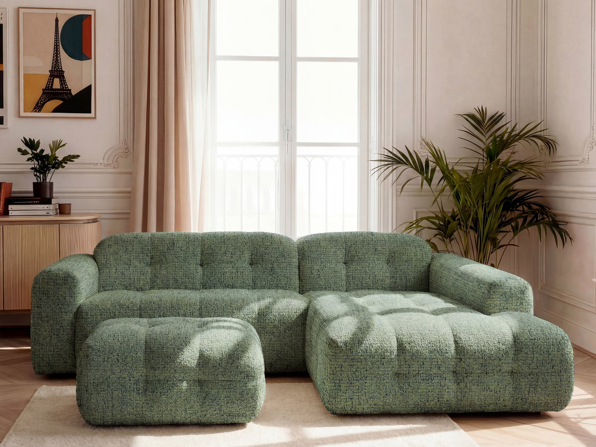 Bobochic Laura Ecksofa mit kleinem Pouf Melange-Stoff Hellgrün Ecke rechts