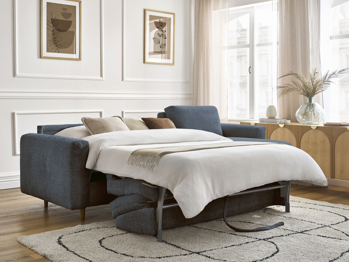 Bobochic Cocoone Ecksofa mit Schlaffunktion und Bettkasten Bouclé-Stoff Dunkelblau, Liegefläche 160 × 200 cm