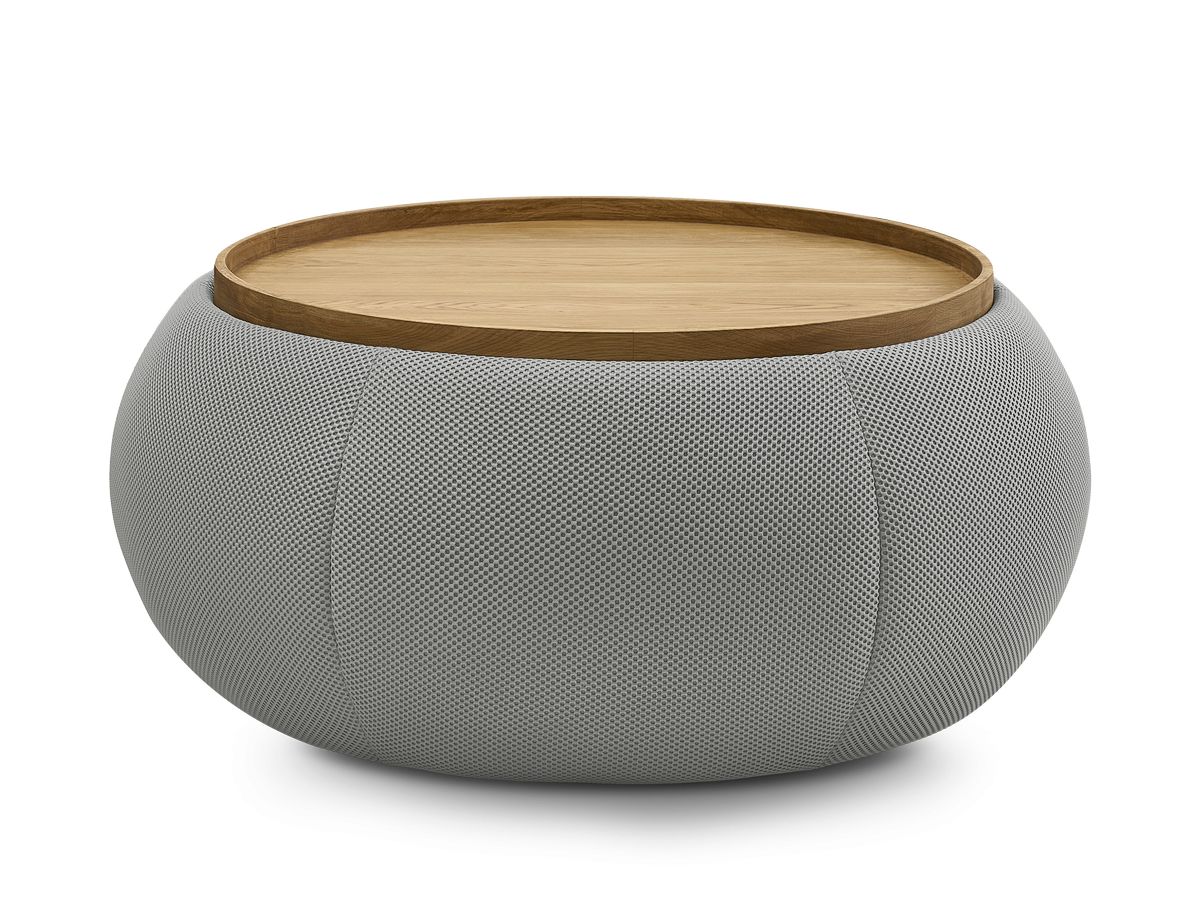 Bobochic Hayden Pouf mit Tablett, rund Mesh-Stoff Hellgrau, 87 cm
