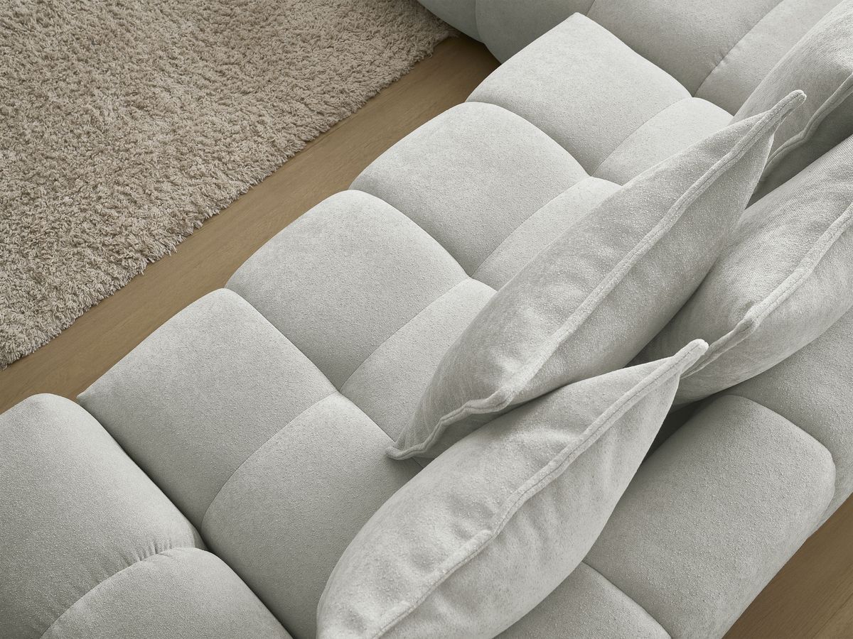 Bobochic Everest Ecksofa mit Schlaffunktion und Bettkasten 320 × 212 cm, 10 Kissen Strukturstoff Hellgrau Ecke links