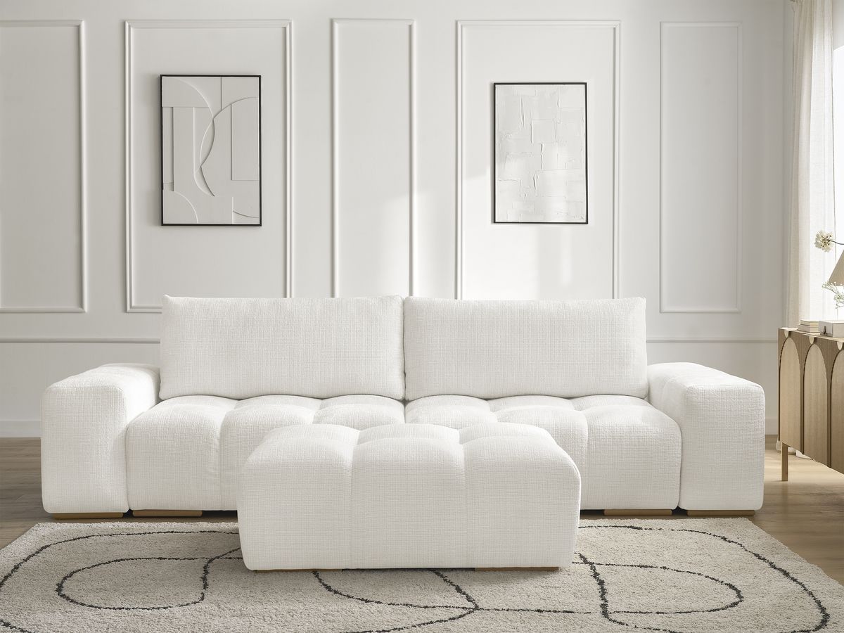 Bobochic Anakin Sofa 3-Sitzer mit Pouf, 2 Kissen Strukturstoff Weiß