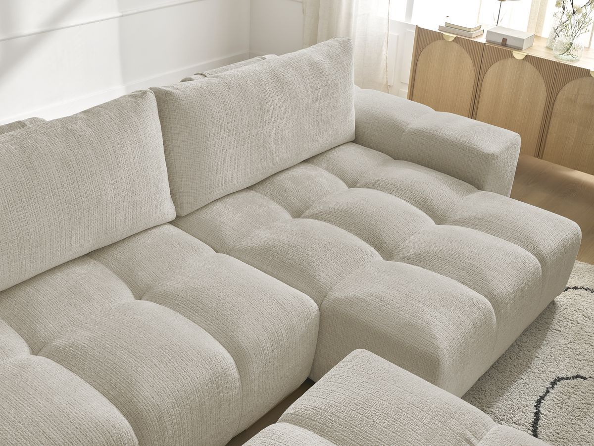 Bobochic Anakin Ecksofa mit Schlaffunktion und Bettkasten und Pouf, 2 Kissen Strukturstoff Beige