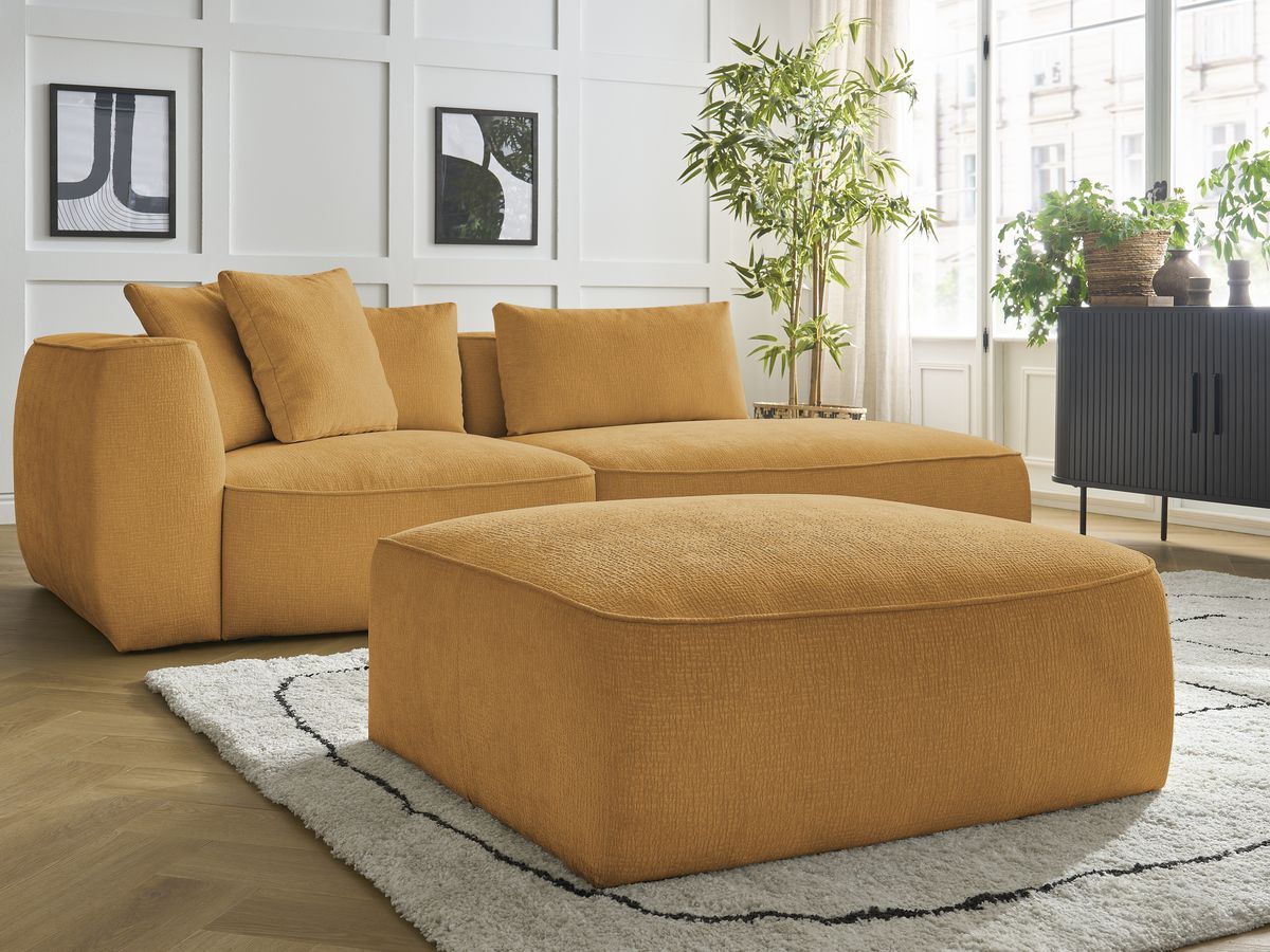 Bobochic Leopold Sofa 4-Sitzer mit Pouf Strukturstoff Gelb Armlehne links
