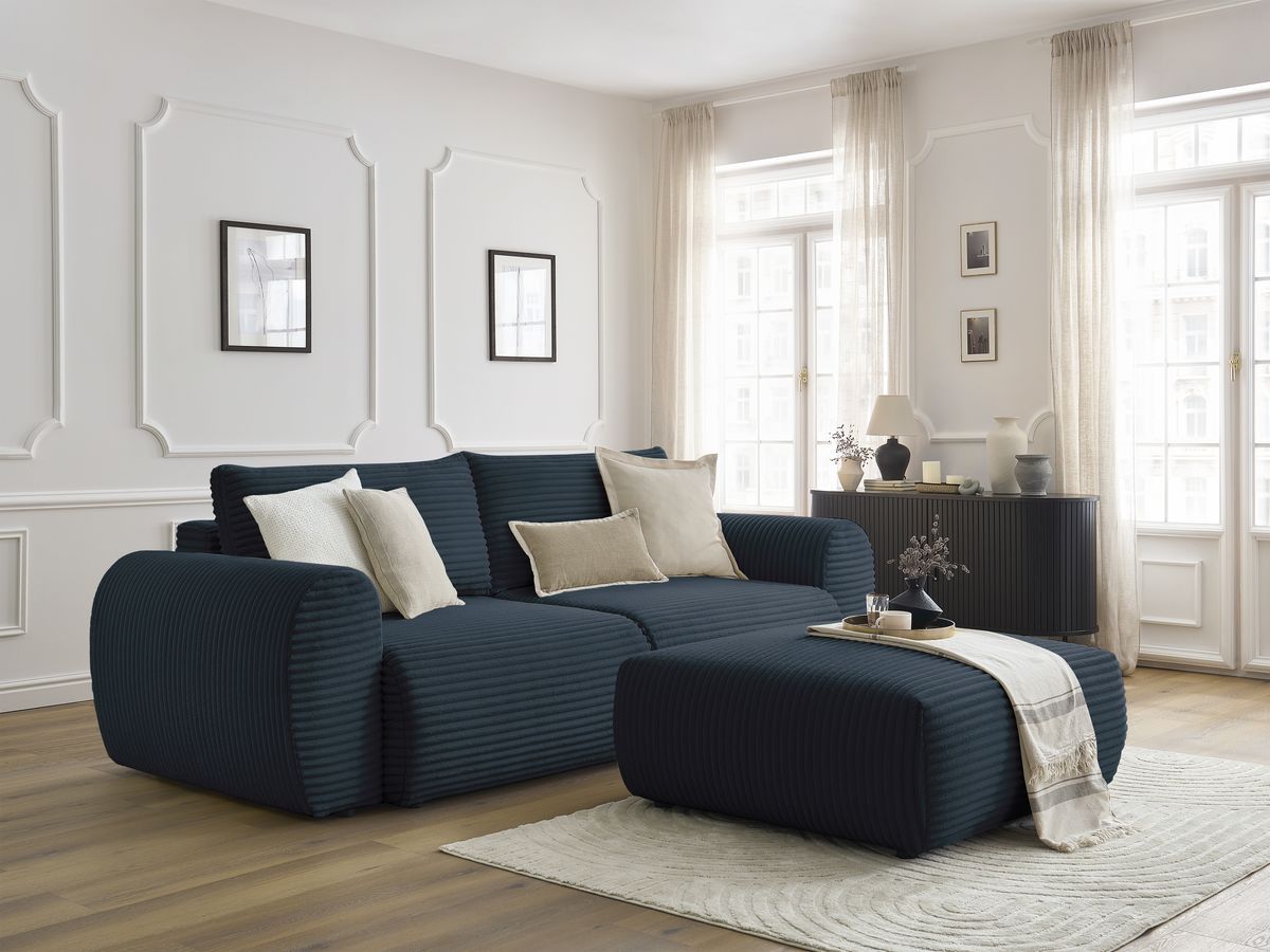 Bobochic Lucien Schlafsofa 4-Sitzer mit Bettkasten und Pouf Breitcord weich Dunkelblau
