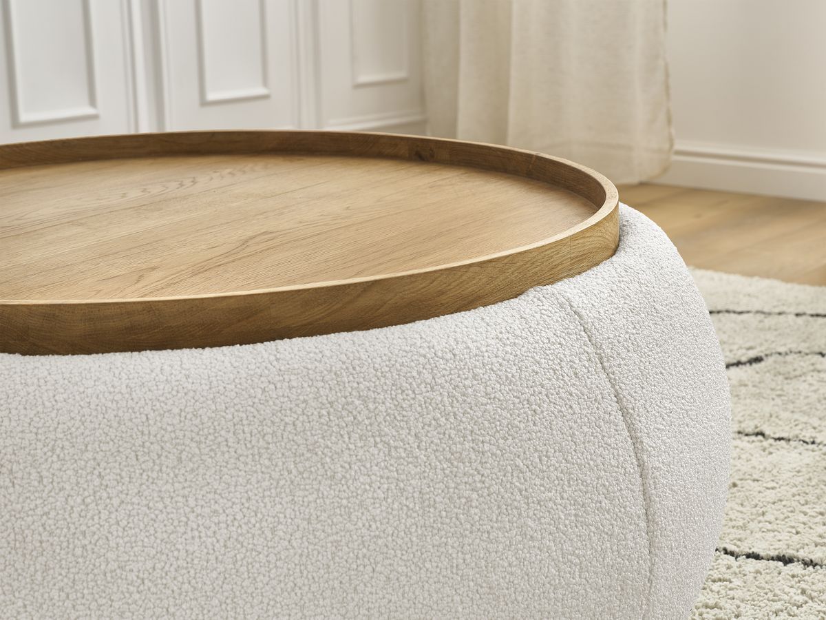 Bobochic Hayden Pouf mit Tablett, rund Bouclé-Stoff Weiß, 87 cm