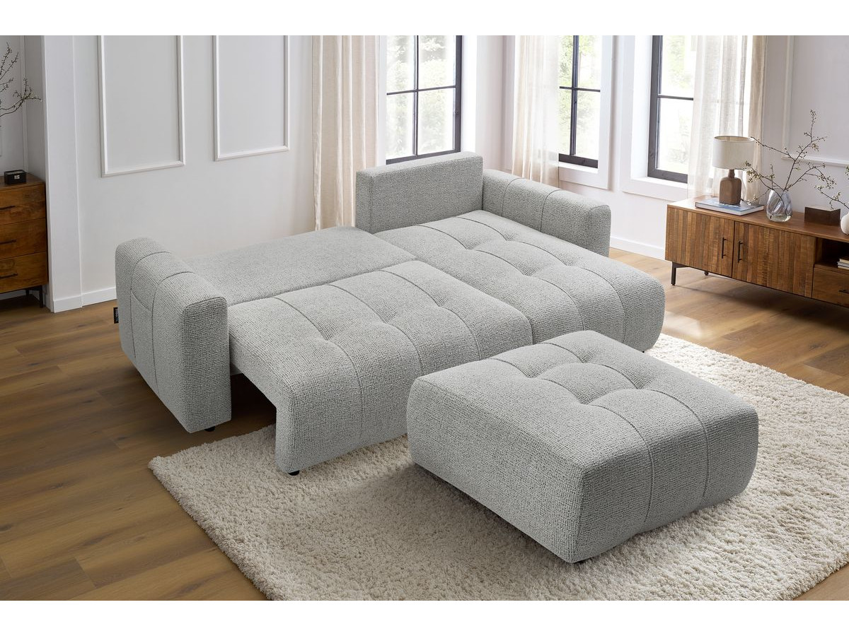 Bobochic Arsene Ecksofa mit Schlaffunktion und Bettkasten und Pouf 288 × 148 cm Melange-Stoff Hellgrau