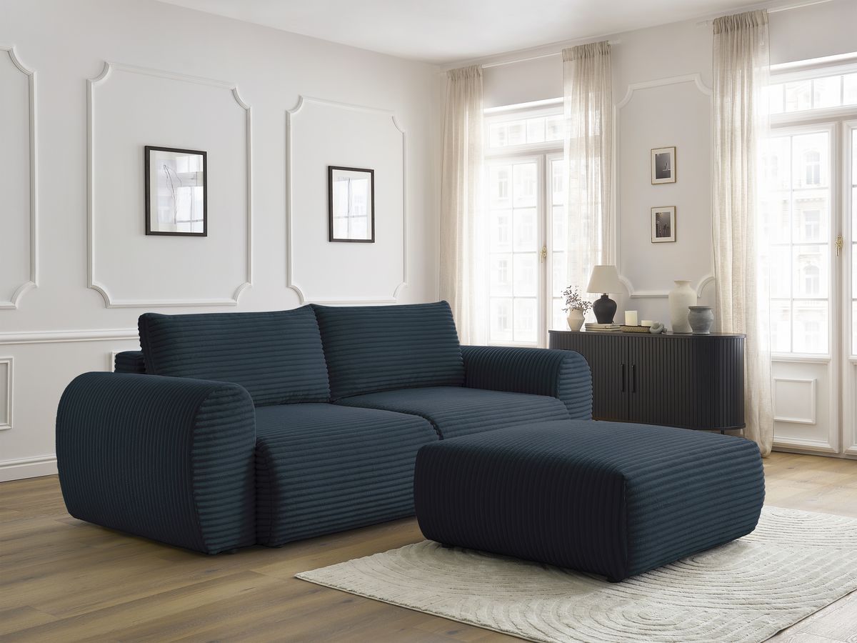 Bobochic Lucien Schlafsofa 4-Sitzer mit Bettkasten und Pouf Breitcord weich Dunkelblau
