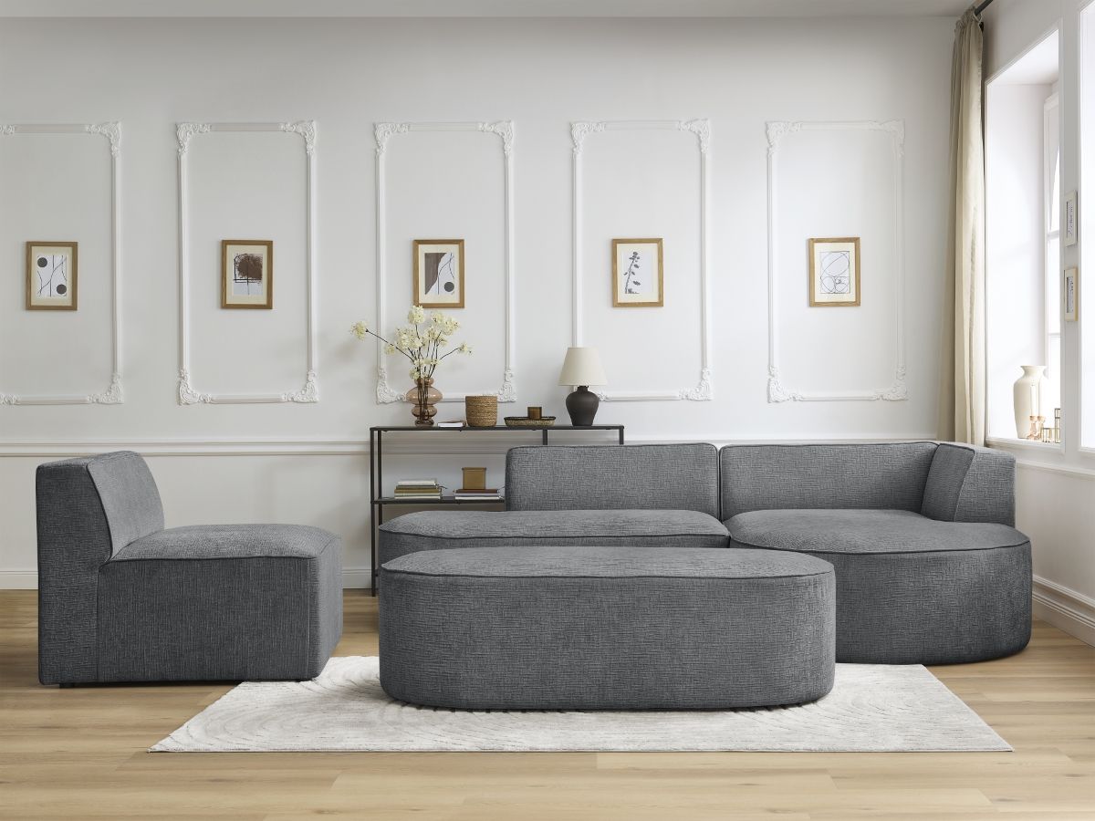 Bobochic Rousseau Ecksofa mit Sofamodul und Pouf Strukturstoff Dunkelgrau Ecke rechts