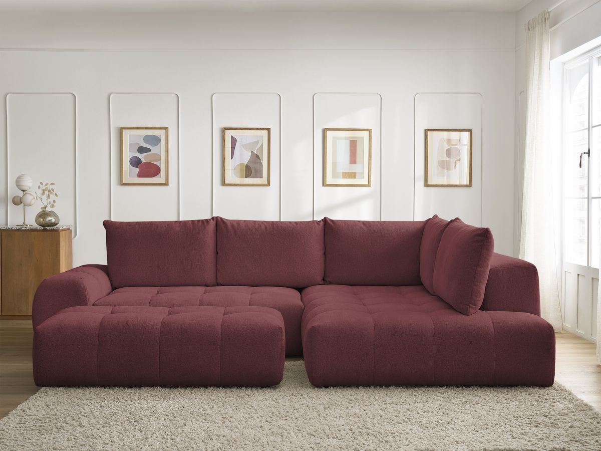 Bobochic Everest Ecksofa mit Schlaffunktion und Bettkasten und Pouf 320 × 212 cm, 5 Kissen Melange-Stoff Rot Ecke rechts