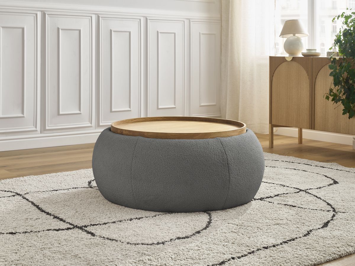 Bobochic Hayden Pouf mit Tablett, rund Bouclé-Stoff Dunkelgrau, 87 cm