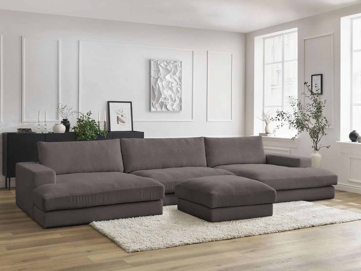 Bobochic Leonard Wohnlandschaft mit Pouf 349 × 159 cm Cordsamt Braun