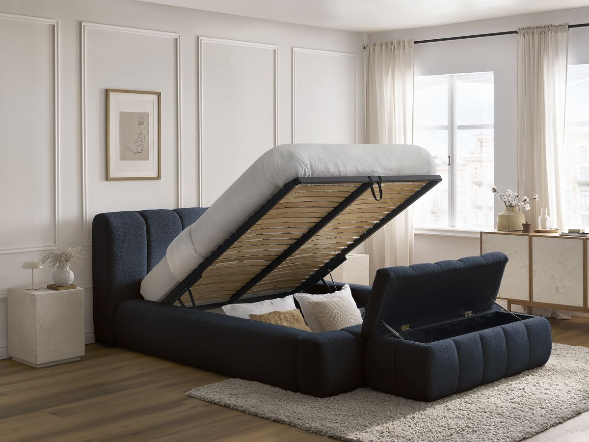 Bobochic Denali Polsterbett mit Bettkasten mit Bettbank Bouclé-Stoff Dunkelblau, Liegefläche 140 × 190 cm