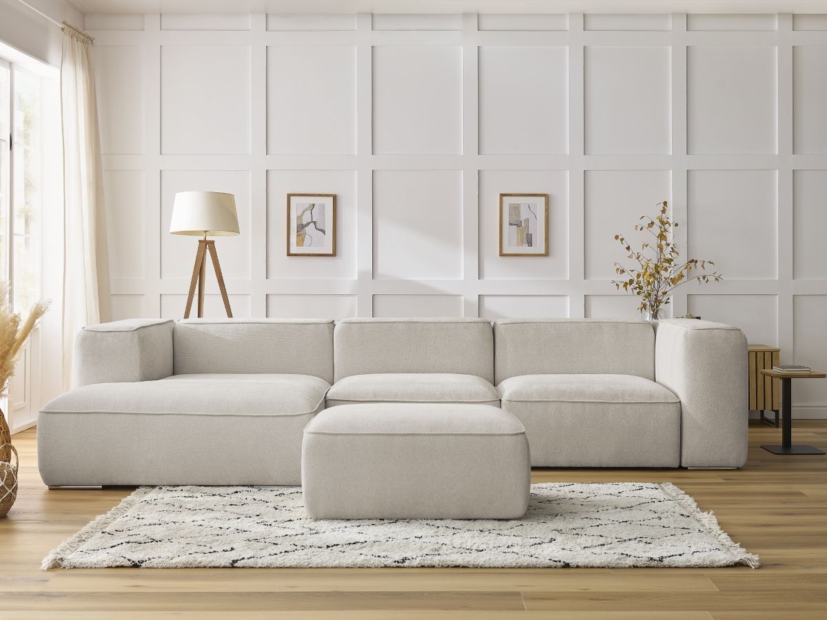 Bobochic Zephyr Ecksofa mit Pouf 349 × 165 cm Strukturstoff Beige Ecke links
