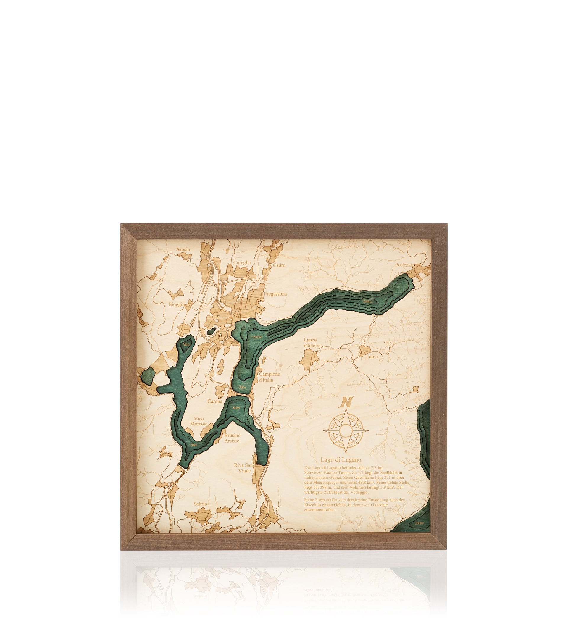 Cutting Brothers 3D Holz-Wandkarte Lago di Lugano Luganer See 35x35 cm