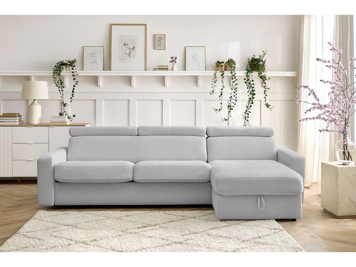 Bobochic Monaco Ecksofa mit Schlaffunktion und Bettkasten Stoff Hellgrau, Liegefläche 140 × 190 cm