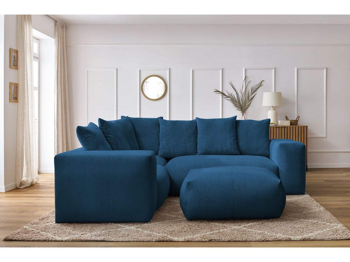 Bobochic Voltaire Ecksofa mit Pouf 268 × 214 cm Cordsamt Dunkelblau Ecke links