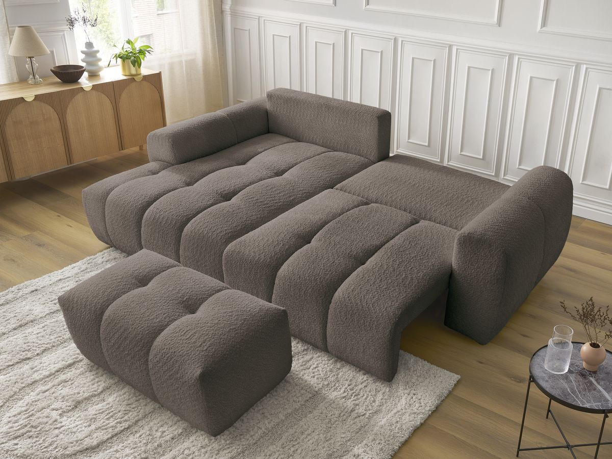 Bobochic Roxelane Ecksofa mit Schlaffunktion und Bettkasten und Pouf 258 × 150 cm Bouclé-Stoff Braun Ecke links