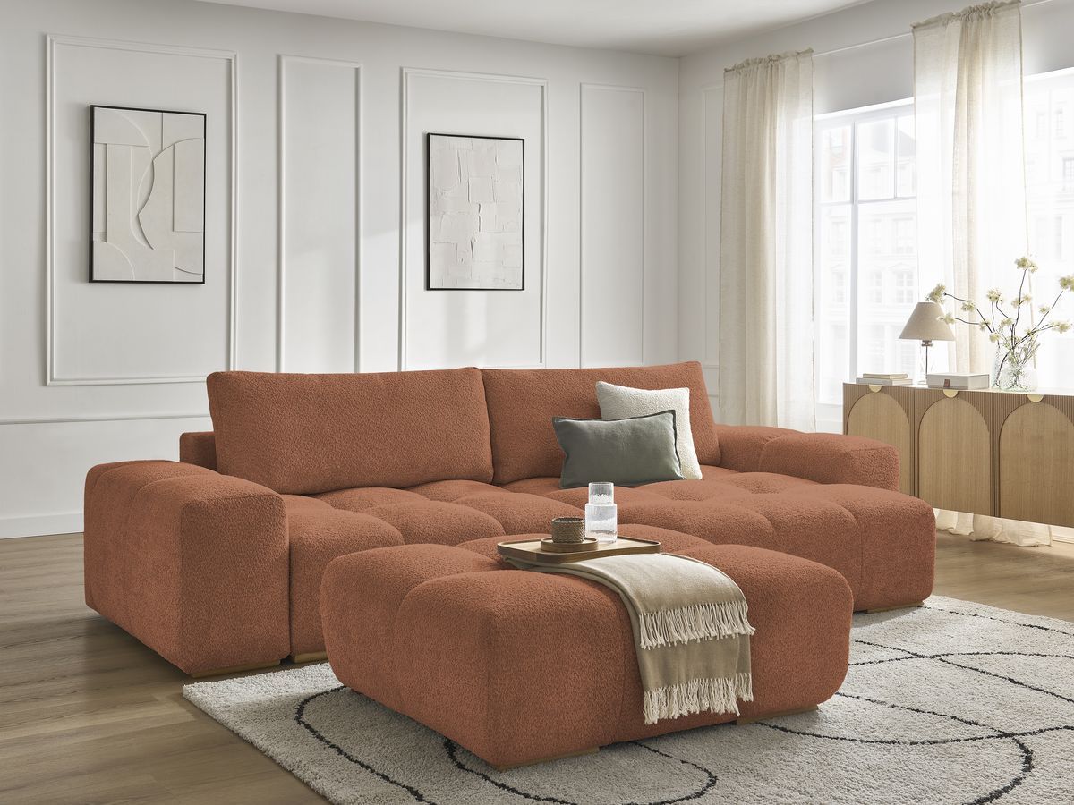 Bobochic Anakin Ecksofa mit Schlaffunktion und Bettkasten und Pouf, 2 Kissen Bouclé-Stoff Orange