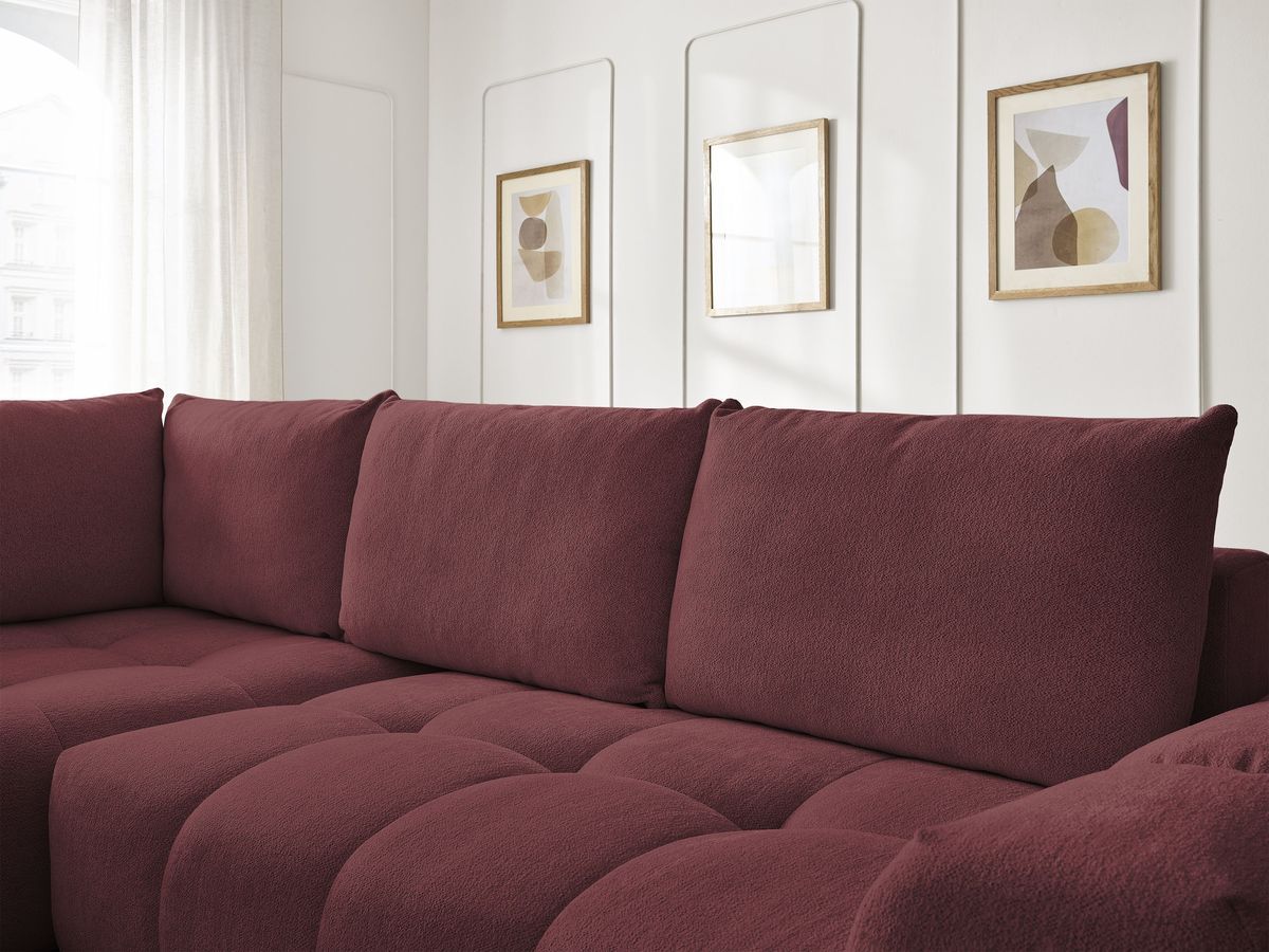 Bobochic Everest Ecksofa mit Schlaffunktion und Bettkasten 320 × 212 cm, 5 Kissen Melange-Stoff Rot Ecke links