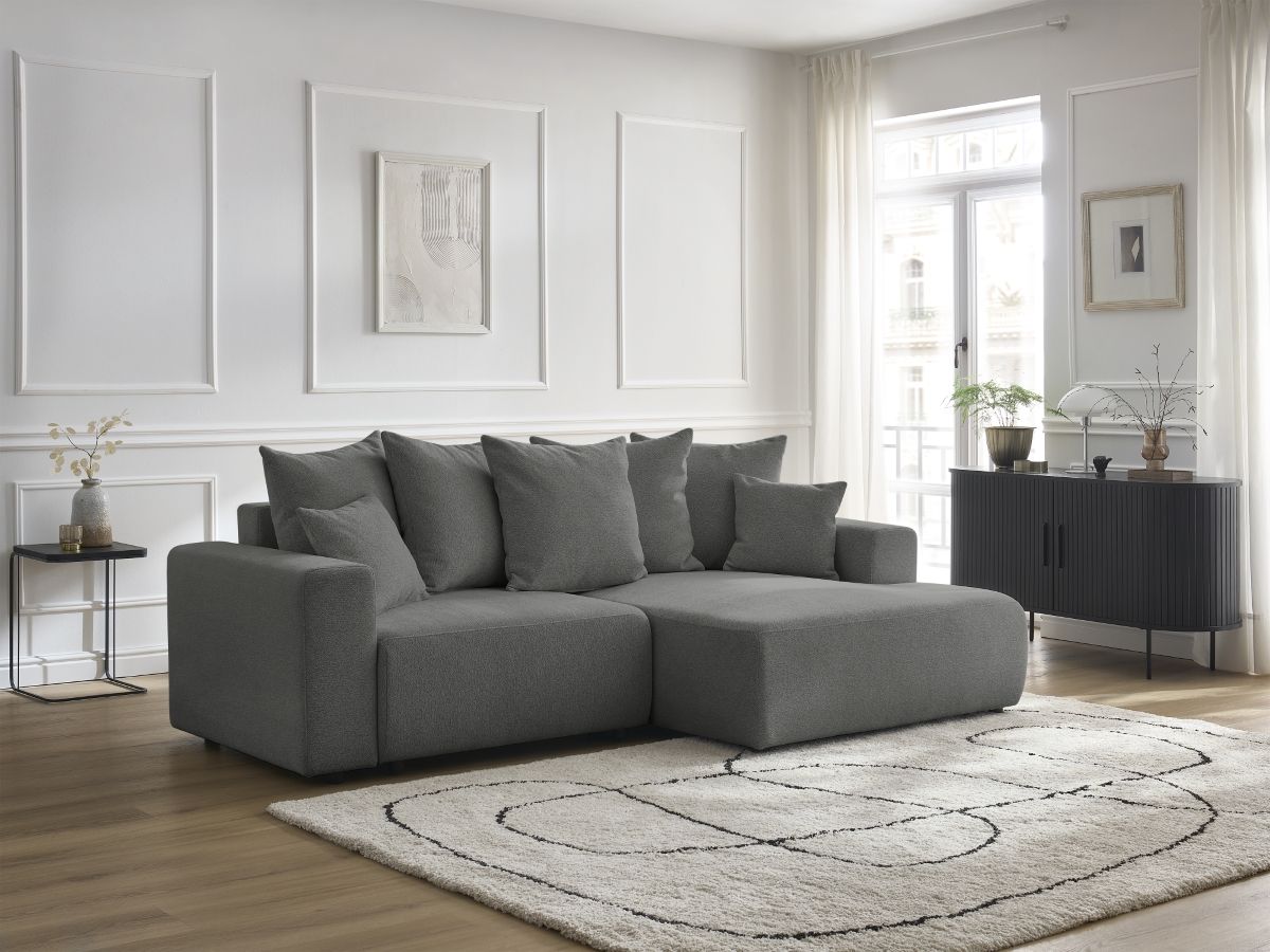 Bobochic Atilla Ecksofa mit Schlaffunktion und Bettkasten Melange-Stoff Dunkelgrau Ecke rechts