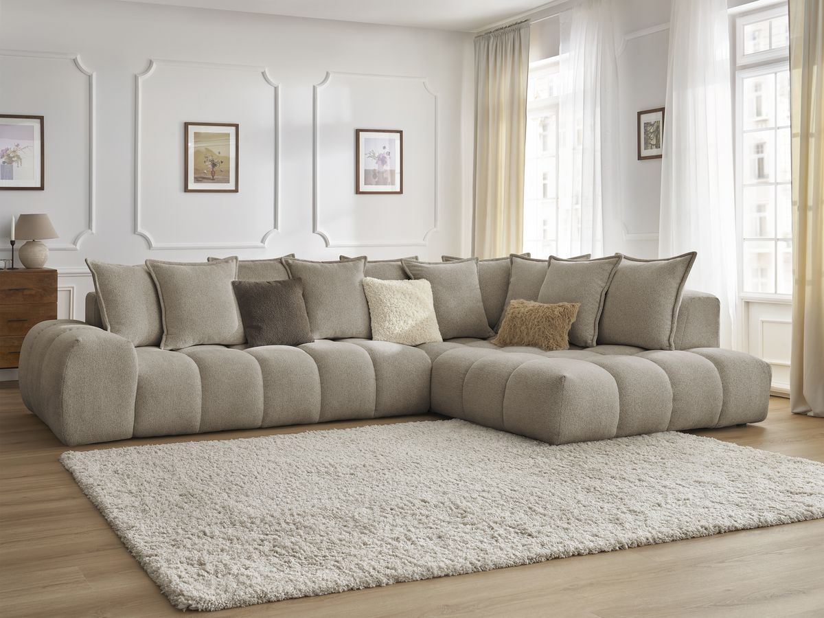 Bobochic Everest Ecksofa, 10 Kissen Melange-Stoff Taupe Ecke rechts