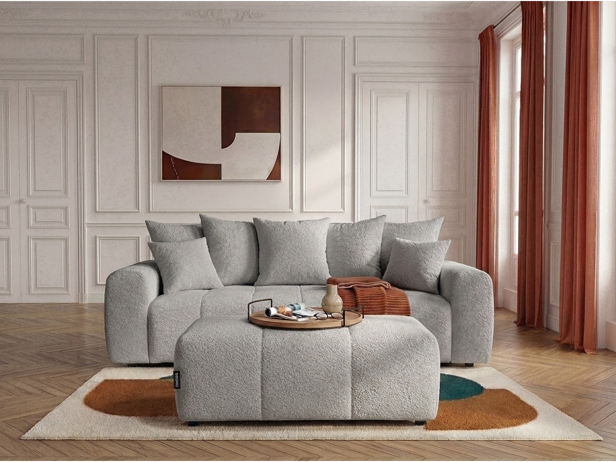 Bobochic Roxelane Schlafsofa 3-Sitzer mit Bettkasten und Pouf Bouclé-Stoff Hellgrau