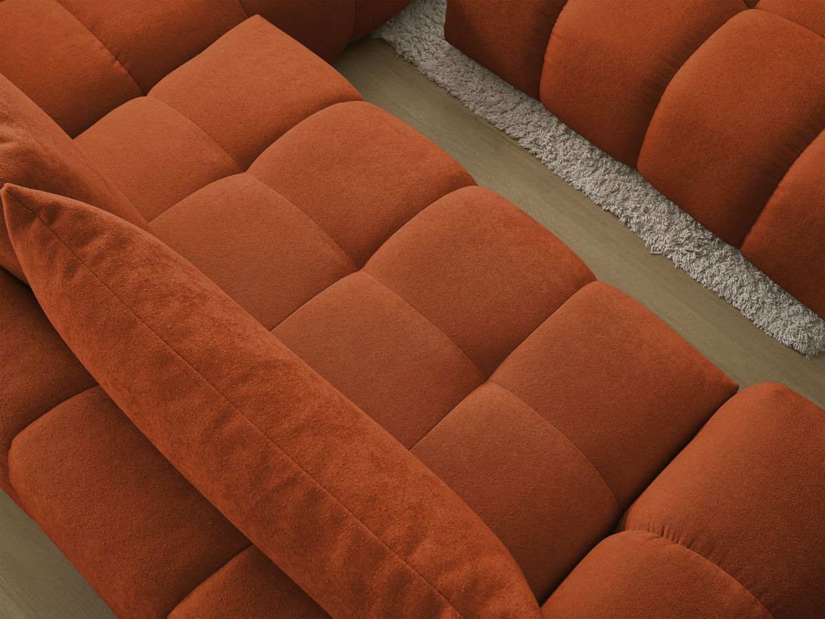 Bobochic Everest Ecksofa mit Schlaffunktion und Bettkasten und Pouf 320 × 212 cm, 5 Kissen Strukturstoff Orange Ecke rechts