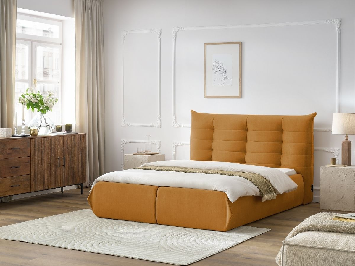 Bobochic Clothilde Polsterbett mit Bettkasten Samt Orange, Liegefläche 140 × 190 cm