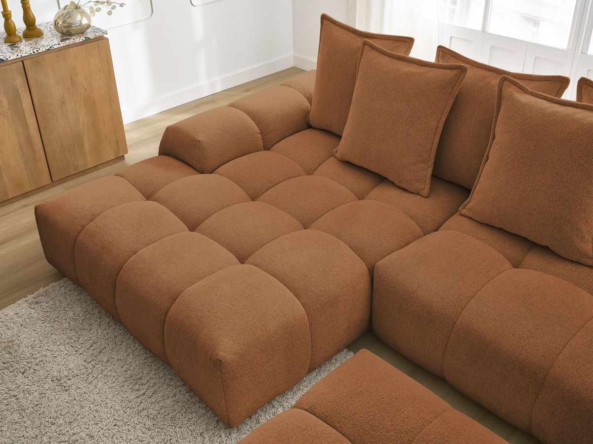 Bobochic Everest Ecksofa mit Schlaffunktion und Bettkasten und Pouf 318 × 180 cm, 7 Kissen Melange-Stoff Orange Ecke links