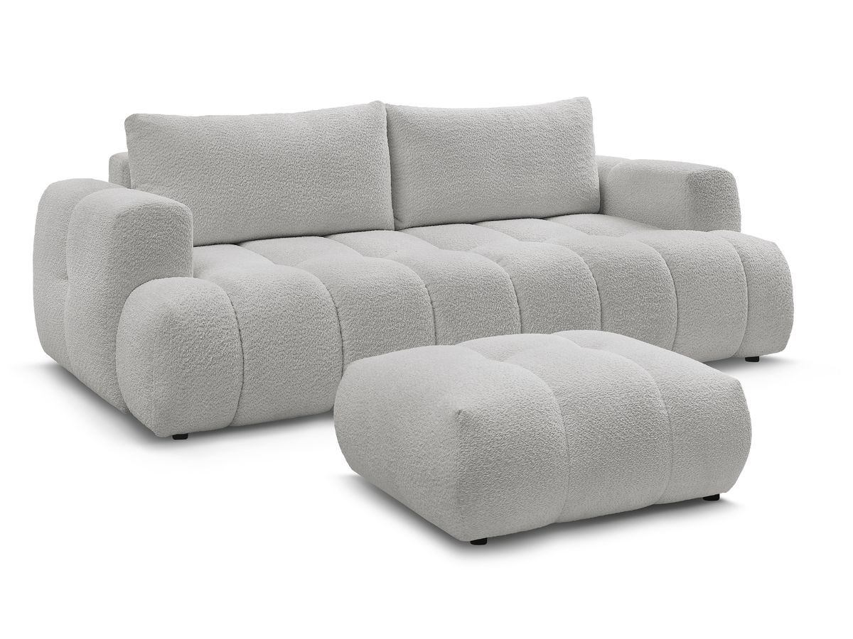Bobochic Fuji Schlafsofa 3-Sitzer mit Bettkasten und Pouf Bouclé-Stoff Hellgrau