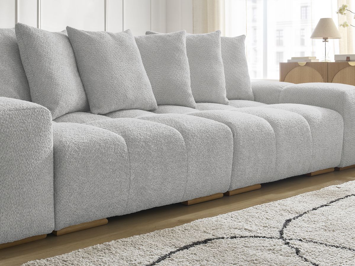 Bobochic Anakin Schlafsofa 3-Sitzer mit Bettkasten und Pouf, 6 Kissen Bouclé-Stoff Hellgrau