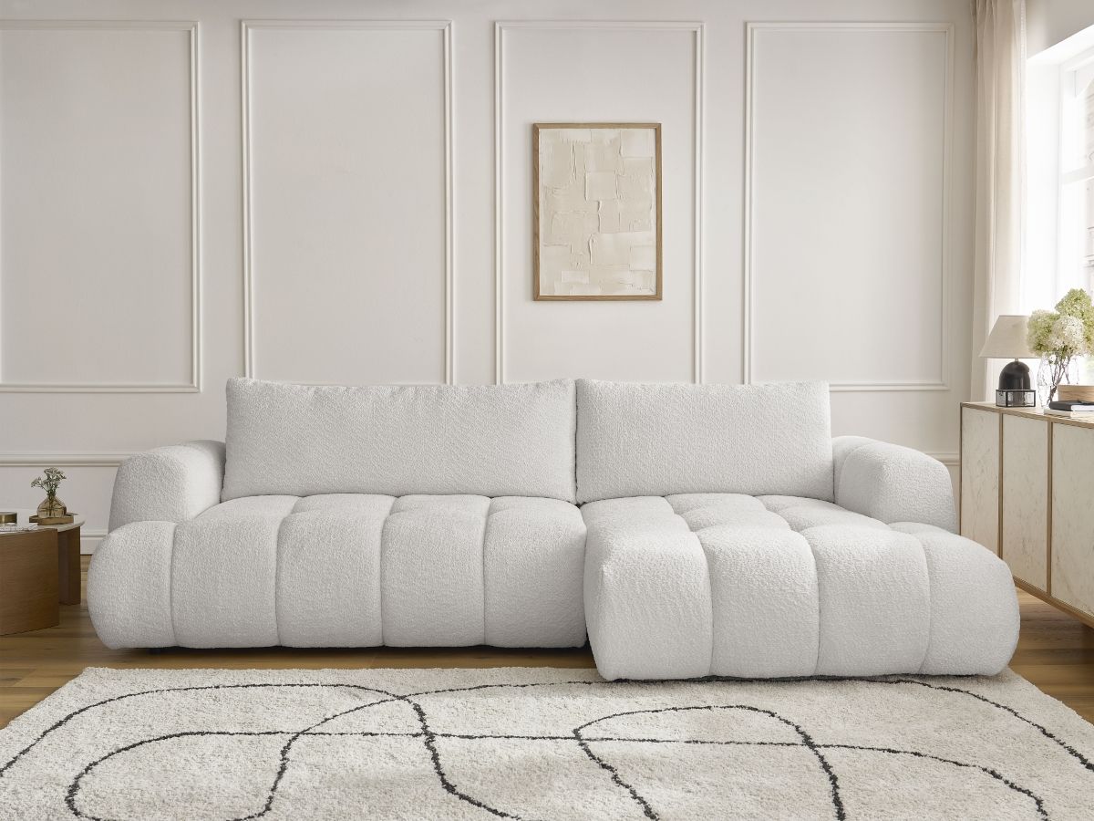 Bobochic Fuji Ecksofa mit Schlaffunktion und Bettkasten 292 × 160 cm Bouclé-Stoff Weiß Ecke rechts