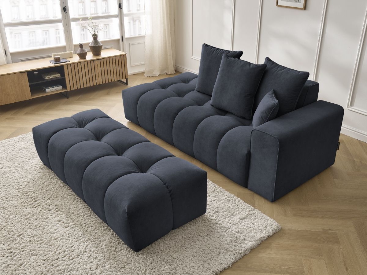 Bobochic Mont-blanc Sofa 5-Sitzer mit Pouf Samt Dunkelblau Armlehne rechts