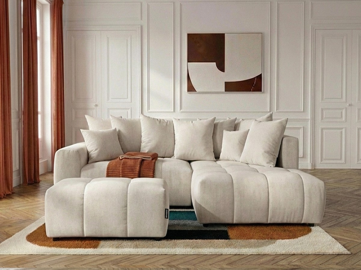 Bobochic Roxelane Ecksofa mit Schlaffunktion und Bettkasten und Pouf Melange-Stoff Beige Ecke rechts
