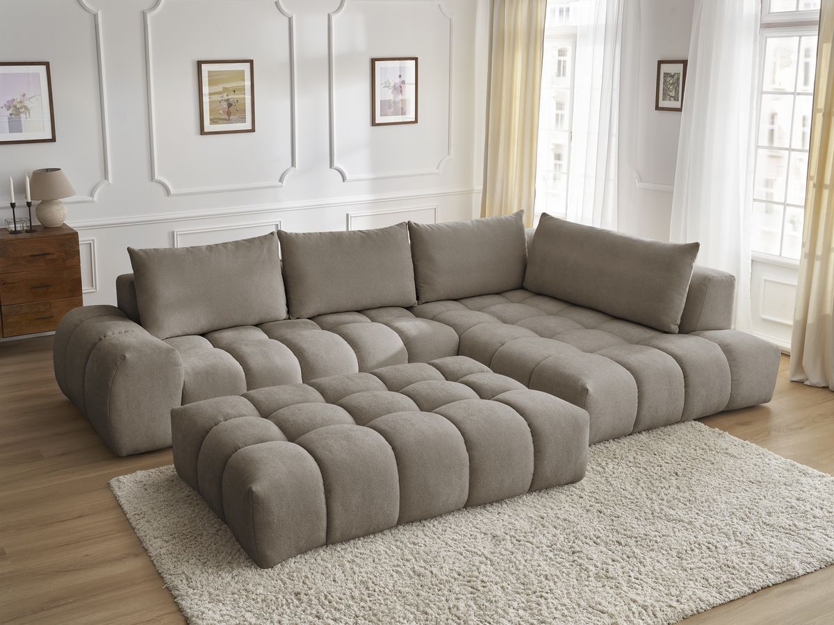 Bobochic Everest Ecksofa mit Schlaffunktion und Pouf, 4 Kissen Strukturstoff Taupe Ecke rechts